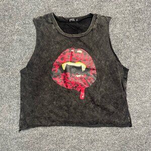 Under Star Womens T-Shirt Black Graphic Sleeveless Scoop Neck Vampire Lips S